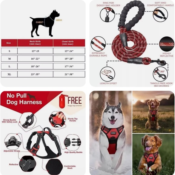 Dog No Pull Harness and Leash Set Black w Red Size Med - Picture 4 of 7